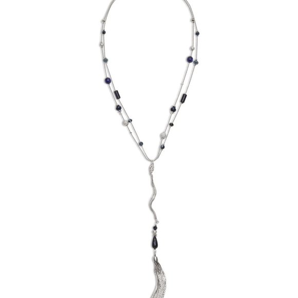 Beaded Tassel Drop Necklace Blue / Silver - Picture 1 of 3